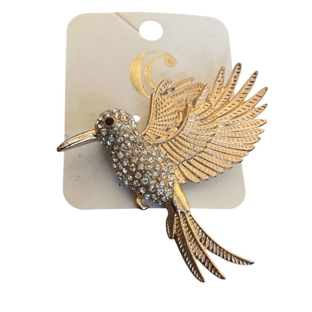 Vintage Humming Bird Pin Brooch Loaded w/Crystal 2" High